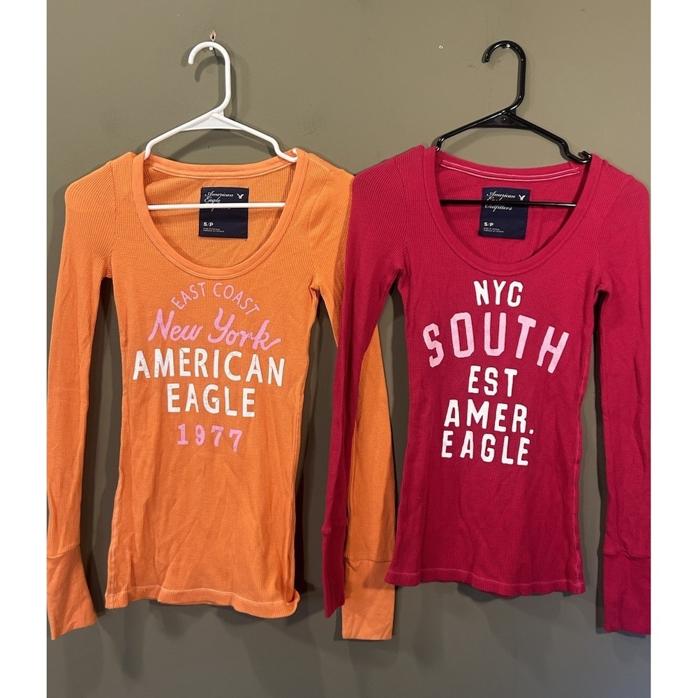 AE American Eagle Y2K Womens Graphic Thermal Long Sleeve Tops (2) Sz Small